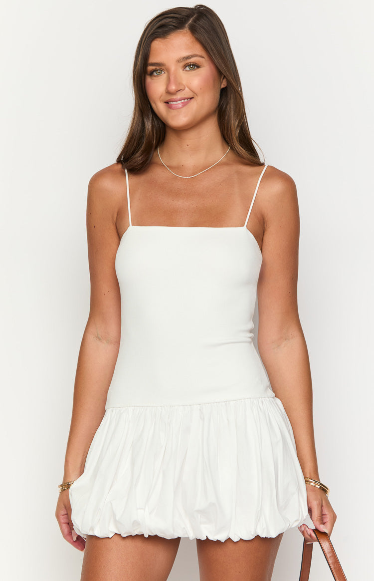 Beginning Boutique Memories White Bubble Mini Dress white square neck mini with thin spaghetti straps and a gathered bubble hem