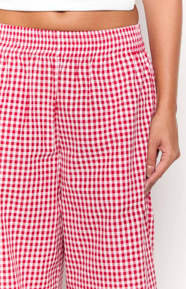 Close-up of the shirred elastic waistband and red and white gingham pattern of the pants