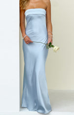 Full length view of a light blue strapless satin maxi dress with a layered bodice detail