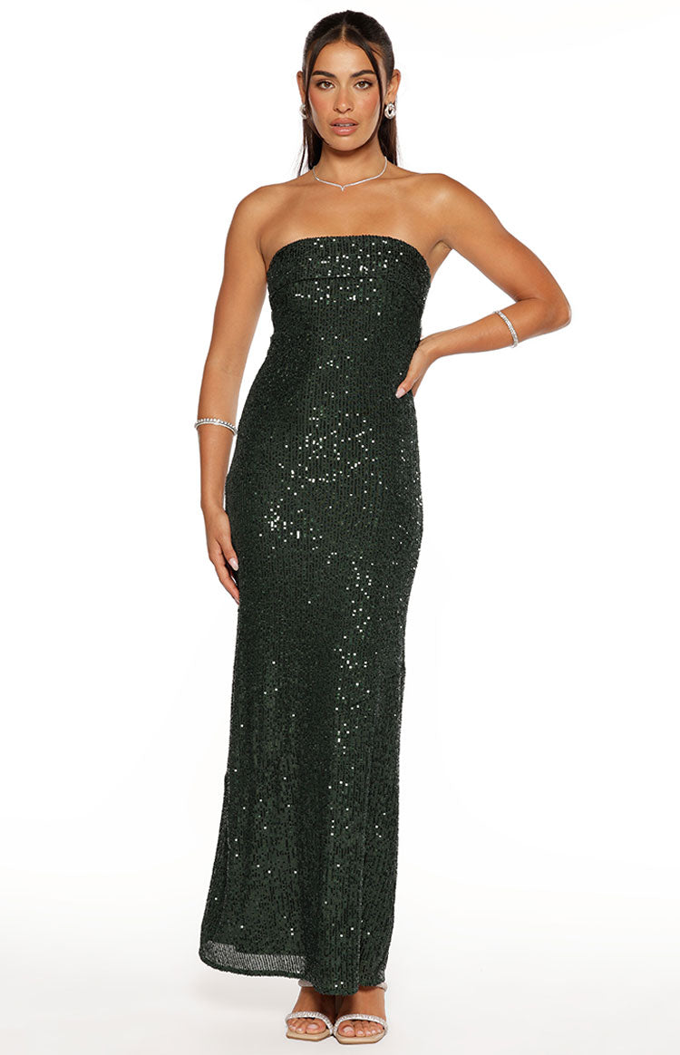 Full length view of an emerald green sequin strapless maxi dress with a fitted column silhouette