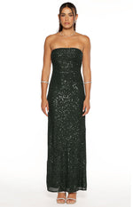 Full front view of an emerald green sequin strapless maxi dress with a straight silhouette