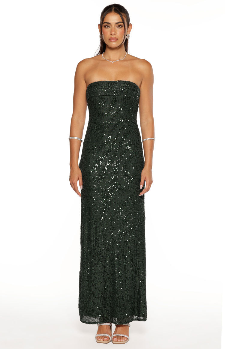 Full front view of an emerald green sequin strapless maxi dress with a straight silhouette