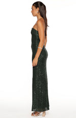 Side view of an emerald green sequin strapless maxi dress with a fitted silhouette
