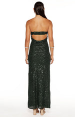Rear view of an emerald green sequin maxi dress with a strapless neckline and back cutouts