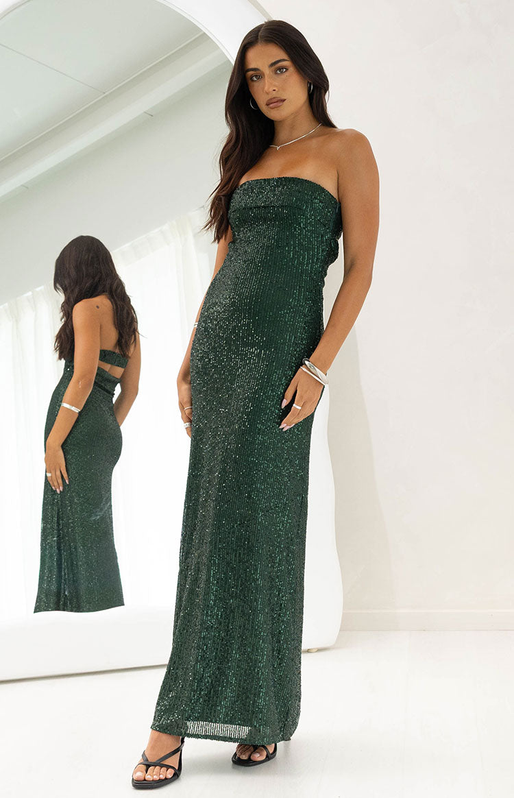 Beginning Boutique Maiah Emerald Green Sequin Maxi Dress emerald sequin strapless bodycon maxi dress with back cutouts