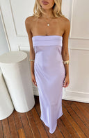 Beginning Boutique Maiah Lilac Maxi Dress lilac satin strapless maxi dress with a folded bust band