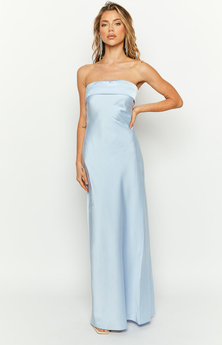 Light blue strapless maxi dress with a folded bandeau neckline and a flowing A-line skirt