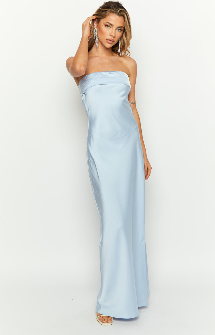 Front view of a light blue satin strapless maxi dress with a subtle ruched detail along the neckline