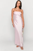 Beginning Boutique Maiah Light Pink Maxi Dress light pink strapless satin maxi dress with a bandeau neckline and fitted silhouette