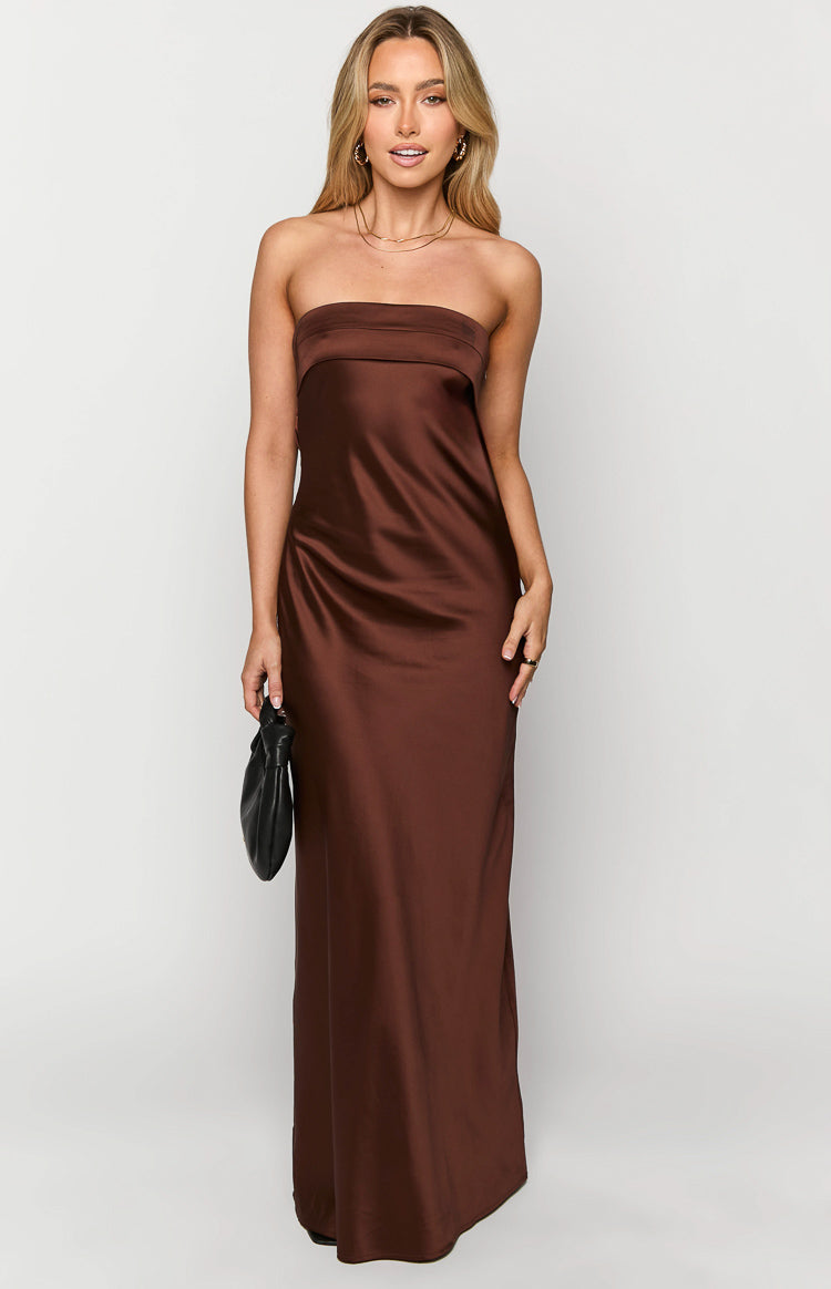 Front view of a brown strapless satin maxi dress with a fitted bodice and flowing skirt