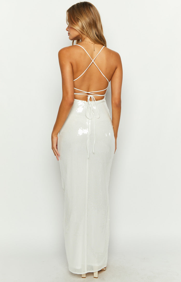 Shop Formal Dress - Manhattan White Sequin Slip Maxi Formal Dress fifth image
