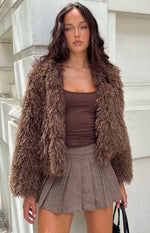 Beginning Boutique Margot Brown Shaggy Fur Jacket brown shaggy faux fur jacket with long sleeves and open front