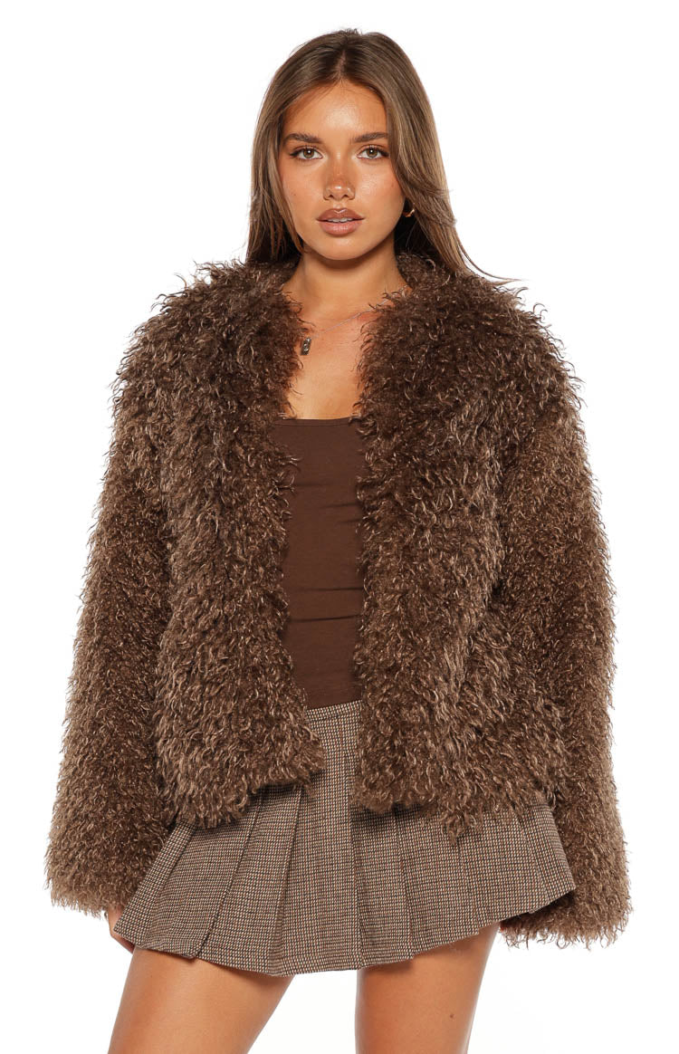 Front view of a brown shaggy fur jacket with an open front and curly texture
