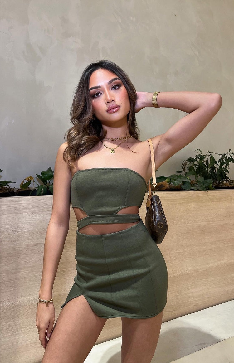 Beginning Boutique Maria Khaki Mini Skirt khaki fitted mini skirt with a side slit and waist cutout detail