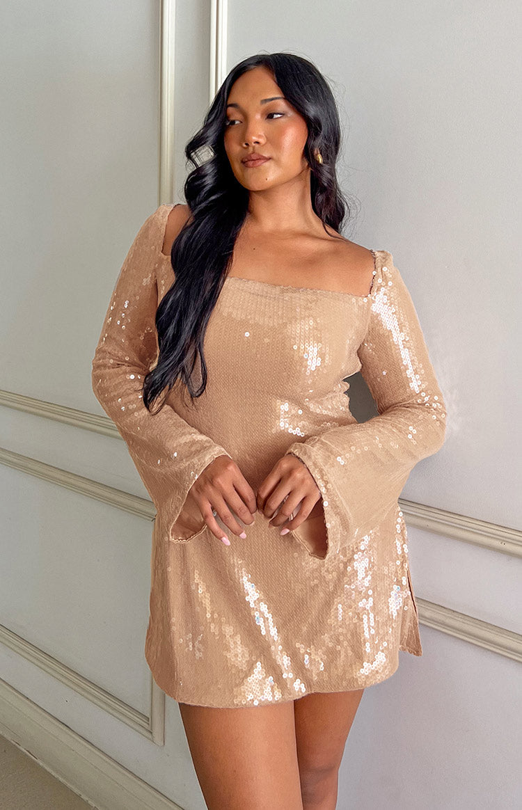 Marienne Champagne Sequin Long Sleeve Mini Dress | Beginning Boutique AU Marienne Champagne Sequin Long Sleeve Mini Dress | Beginning Boutique AU