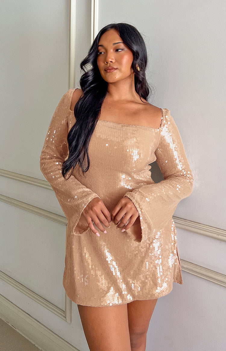 Marienne Champagne Sequin Long Sleeve Mini Dress BB Exclusive