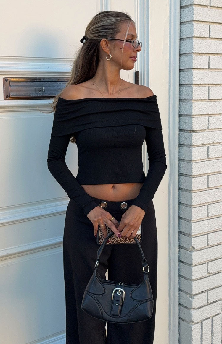 Beginning Boutique Marlin Black Off Shoulder Long Sleeve Top black ribbed knit off-shoulder long sleeve cropped top with folded neckline