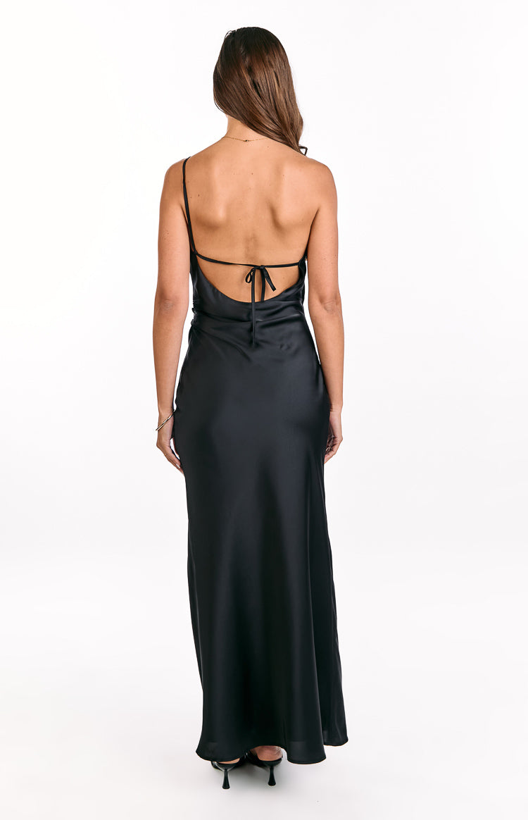 Rear view of a black satin maxi dress with a low scoop back and tie-up spaghetti straps