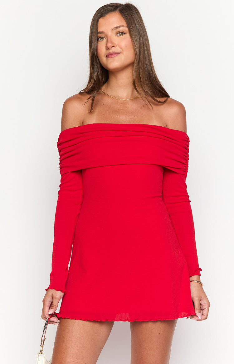 Red mini dress with a ruched off-shoulder neckline, long sleeves, and a lettuce hem