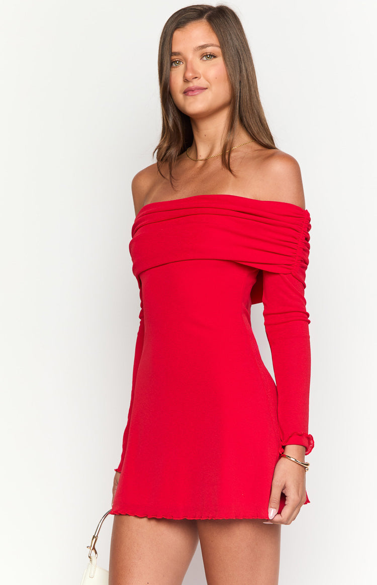 Red off-shoulder mini dress with ruched neckline and scalloped hem