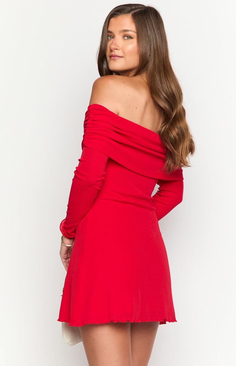 Rear view of a red long sleeve mini dress with an off-shoulder ruched neckline and a lettuce hem