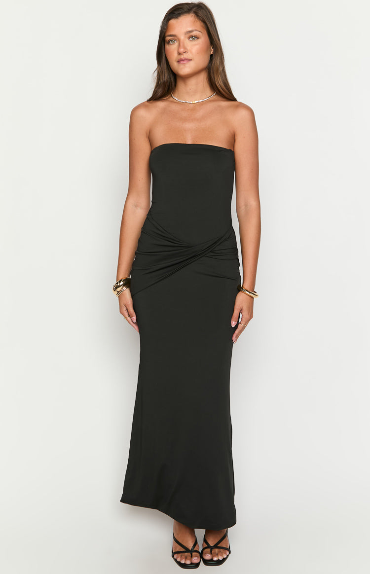 Front view of a black strapless maxi dress with a twisted knot detail at the waist