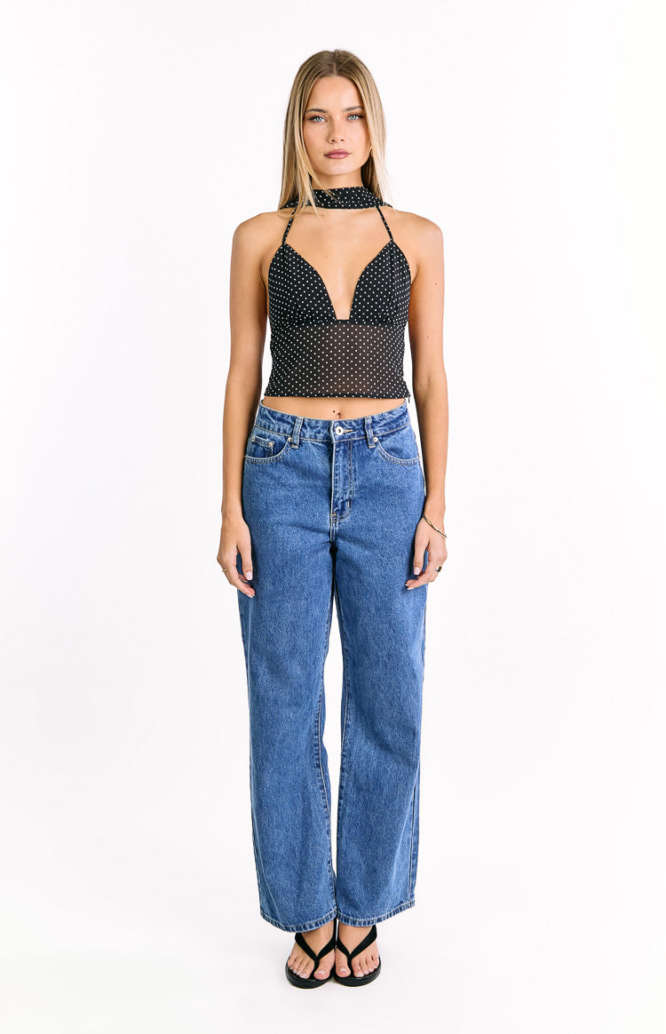 Black polka dot sheer crop top with a deep plunge V-neck and high neck choker band