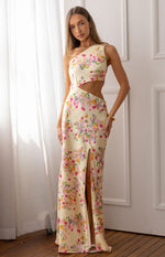 Mellick Yellow Bloom Satin Maxi Dress Image