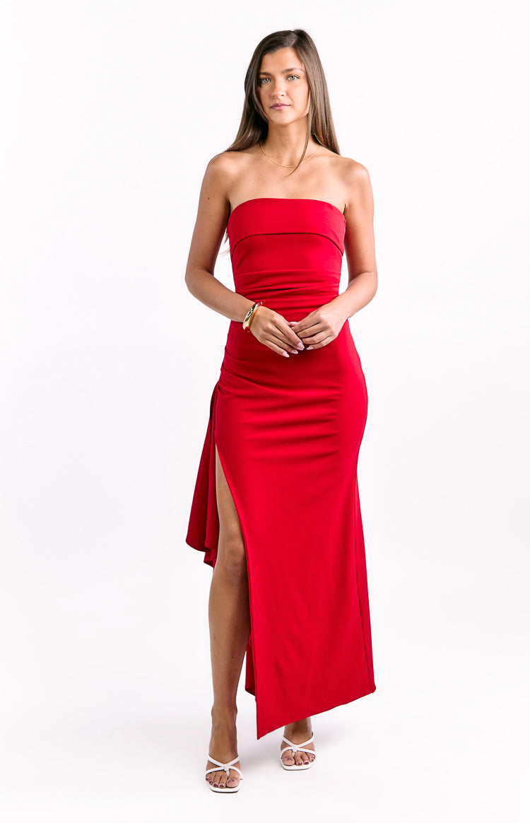 Red crepe strapless maxi dress with side ruching, high thigh split, and asymmetric hem