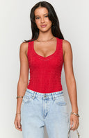 Beginning Boutique Miami Red Lace V-Neck Bodysuit red lace V-neck sleeveless fitted bodysuit
