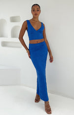 Full-length front view of a royal blue lace maxi skirt with a fitted silhouette