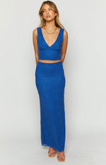 Front view of a royal blue lace maxi skirt, fitted through the hips with a delicate sheer hem