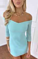 Close-up of the blue off-shoulder mesh mini dress showing the sweetheart neckline and sheer three-quarter sleeves