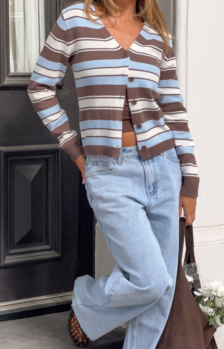 Brown, blue, and white striped button-down cardigan with a V-neck, ribbed cuffs, and hem