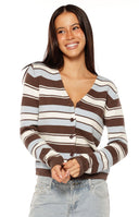 Beginning Boutique Misha Brown and Blue Stripe Button Down Cardigan brown light blue and white striped knit button-down cardigan