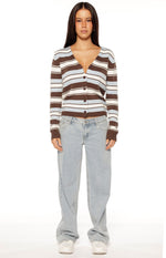 Front view of a brown, light blue, and white striped knit cardigan with a V-neck, button-down front, and cropped hem