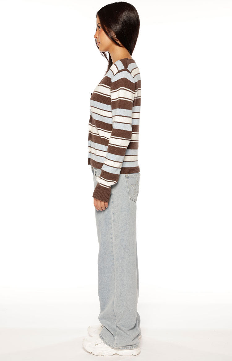 Side view of a brown, blue, and white striped button-down cardigan with ribbed cuffs and a fitted silhouette
