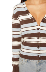 Close-up of the ribbed knit brown, blue, and white striped cardigan with button-down V-neck