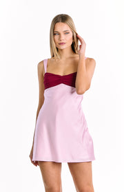 Contrast pink satin mini dress with a ruched dark pink bust and wide shoulder straps