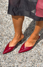 Beginning Boutique Morley Cherry Red Patent Mule Heels cherry red patent pointed toe mule heels with a V-cut vamp and low kit
