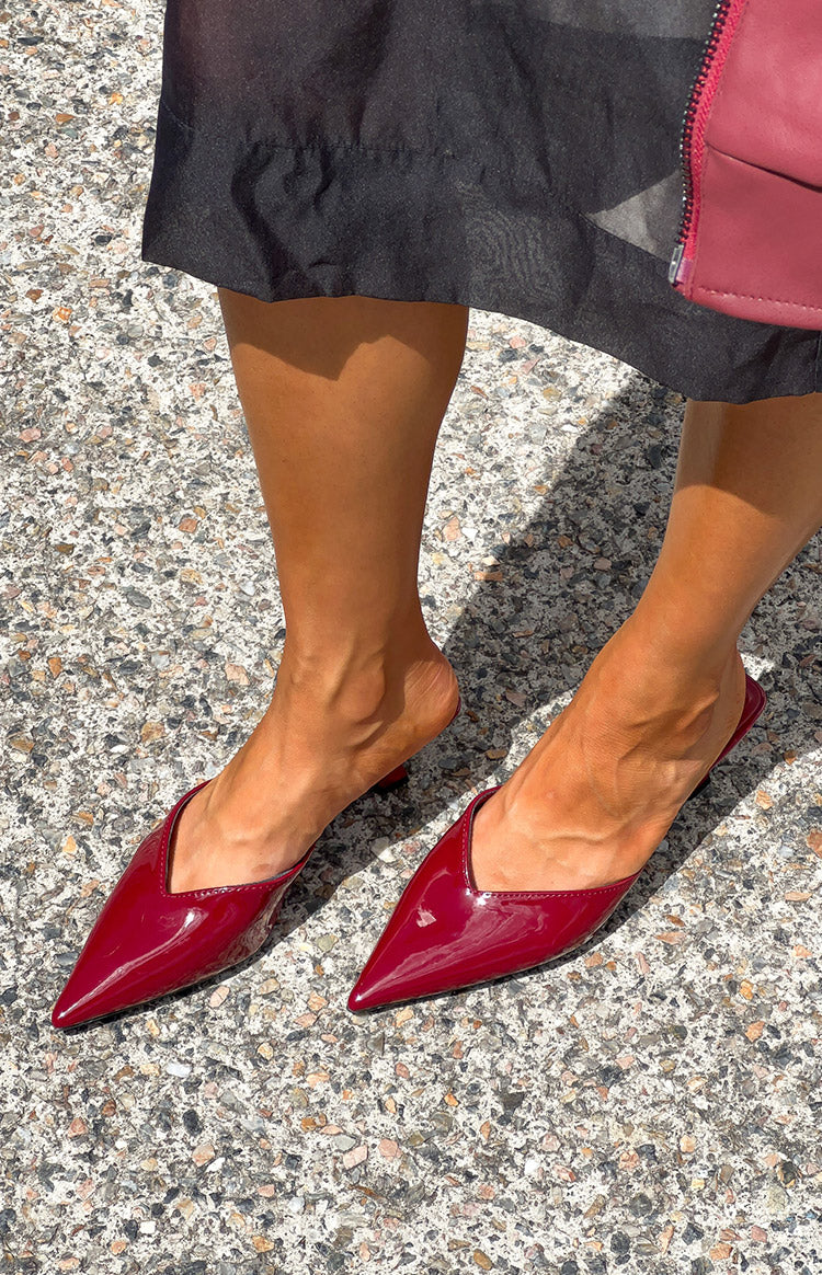Beginning Boutique Morley Cherry Red Patent Mule Heels cherry red patent pointed toe mule heels with a V-cut vamp and low kit