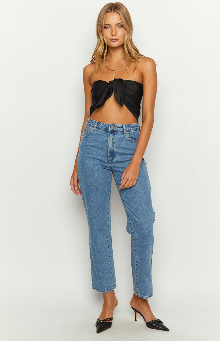 Black strapless bandeau scarf top with a prominent front tie knot