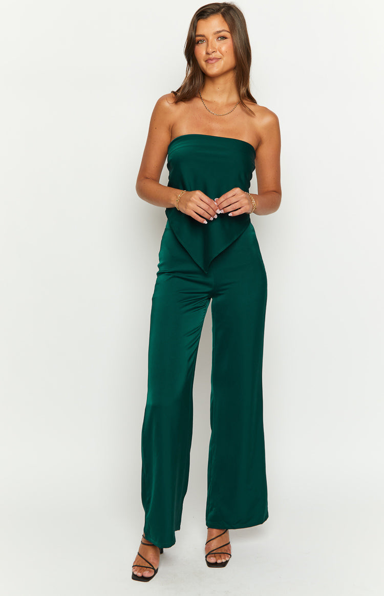 Front view of teal satin wide-leg pants with a high waist and flowing drape