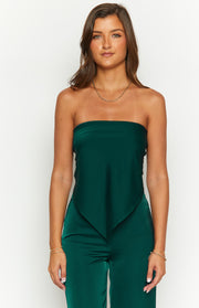 Teal satin strapless scarf top with a pointed handkerchief hem