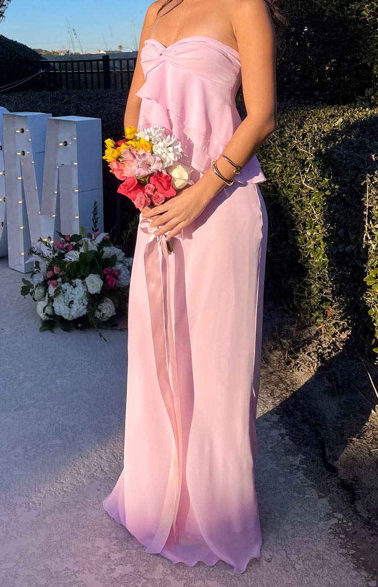 Beginning Boutique Myrna Pink Maxi Skirt light pink high-waisted flowy maxi skirt with a sheer layered design