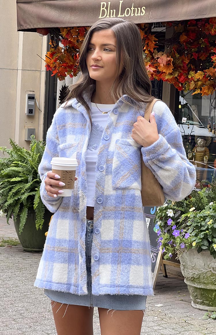 Beginning Boutique Neve Blue Check Jacket blue white and brown plaid fuzzy longline collared jacket with button front and chest pockets