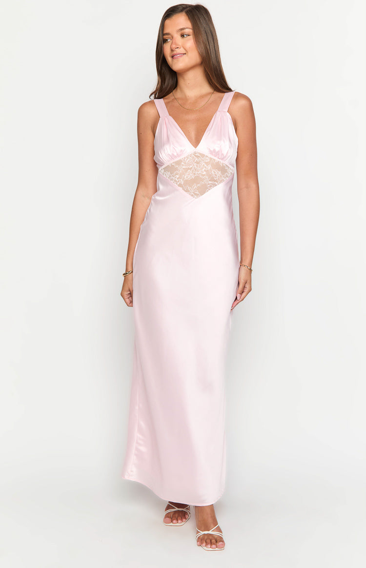 Light pink satin maxi dress with a V-neckline and white lace bodice insert