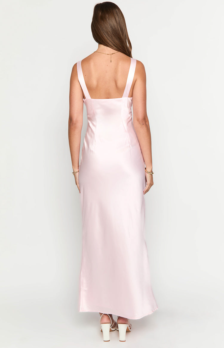 Rear view of a light pink satin maxi dress with wide shoulder straps and a square back neckline
