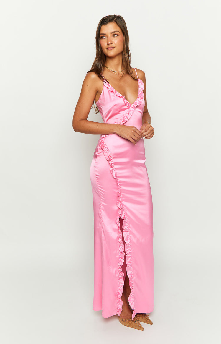 Pink satin maxi dress with a ruffled V-neckline and a full-length ruffled side slit