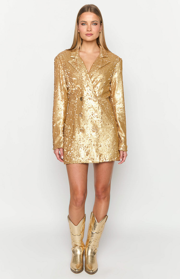 Natalie Gold Sequin Blazer Mini Dress Beginning Boutique